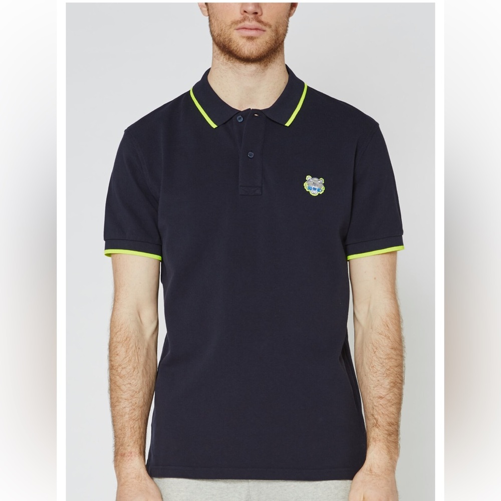 KENZO Dark blue polo shirt with neon yellow decorative edges and a tiger patch